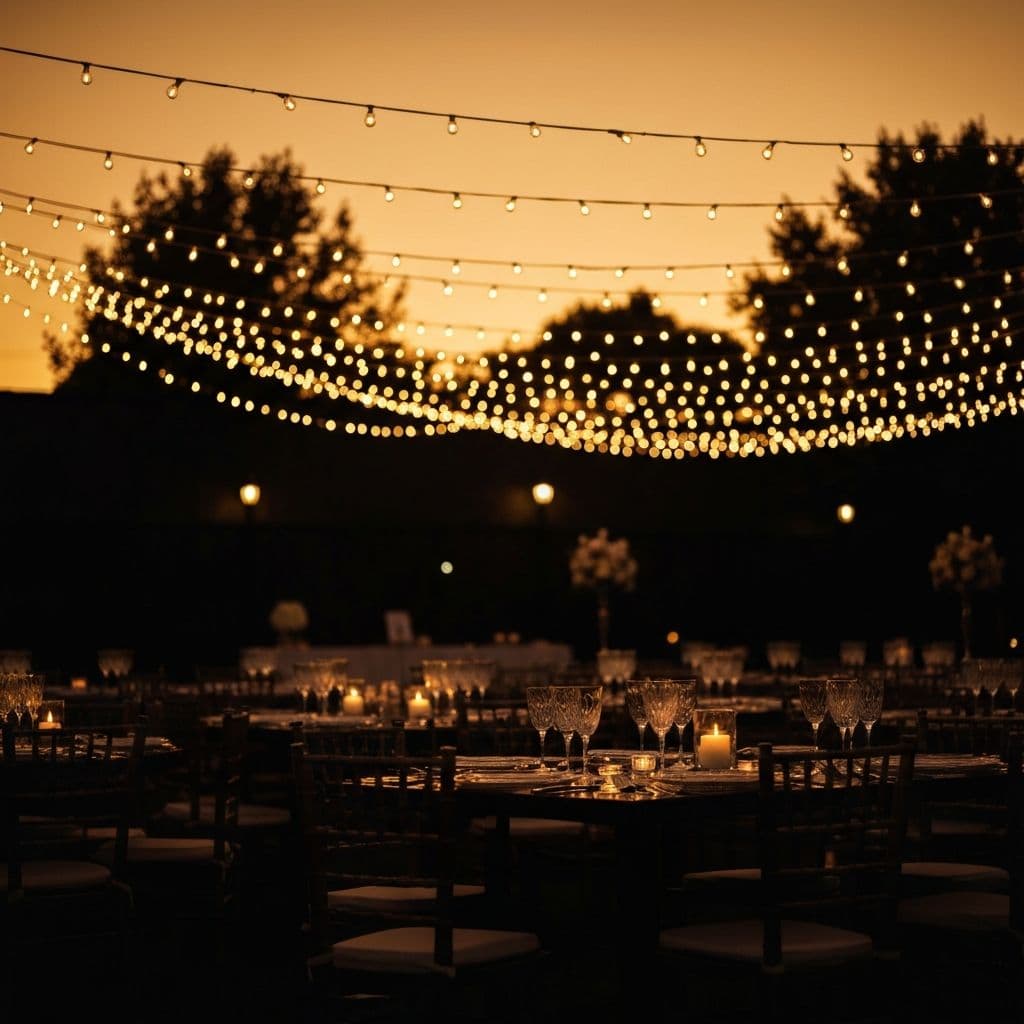 Private estate wedding reception at night with bistro string lighting canopy overhead