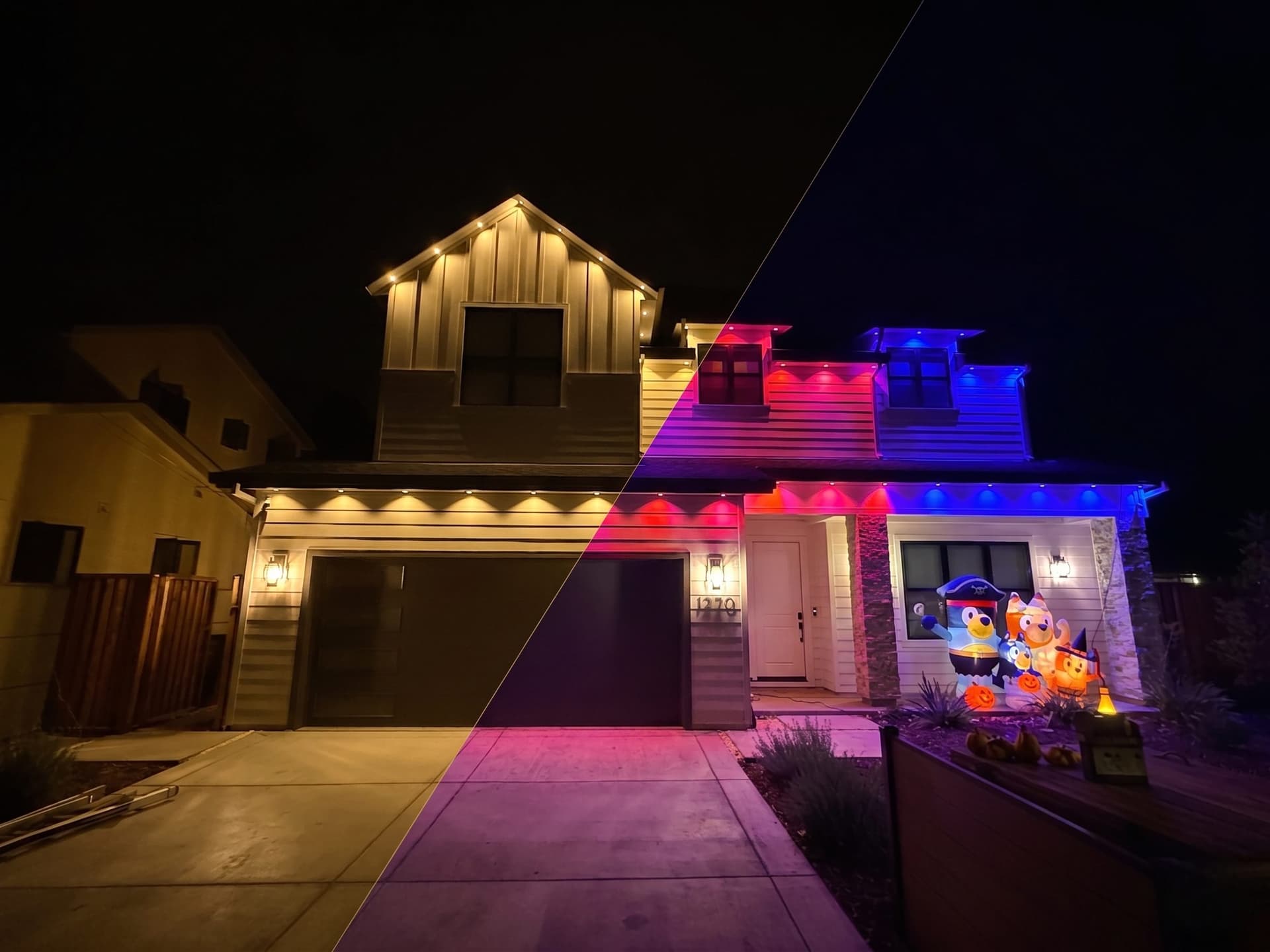 Split view of the same home at night. Warm white architectural lighting on one side, vivid red and blue holiday color on the other
